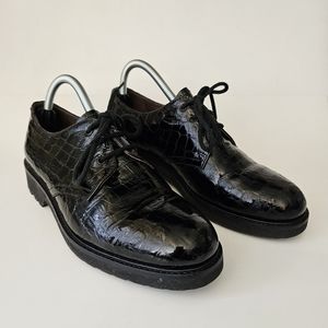 Nero Giardini Black Croc Embossed Patent Leather Laceup Shoes Size US 8.5